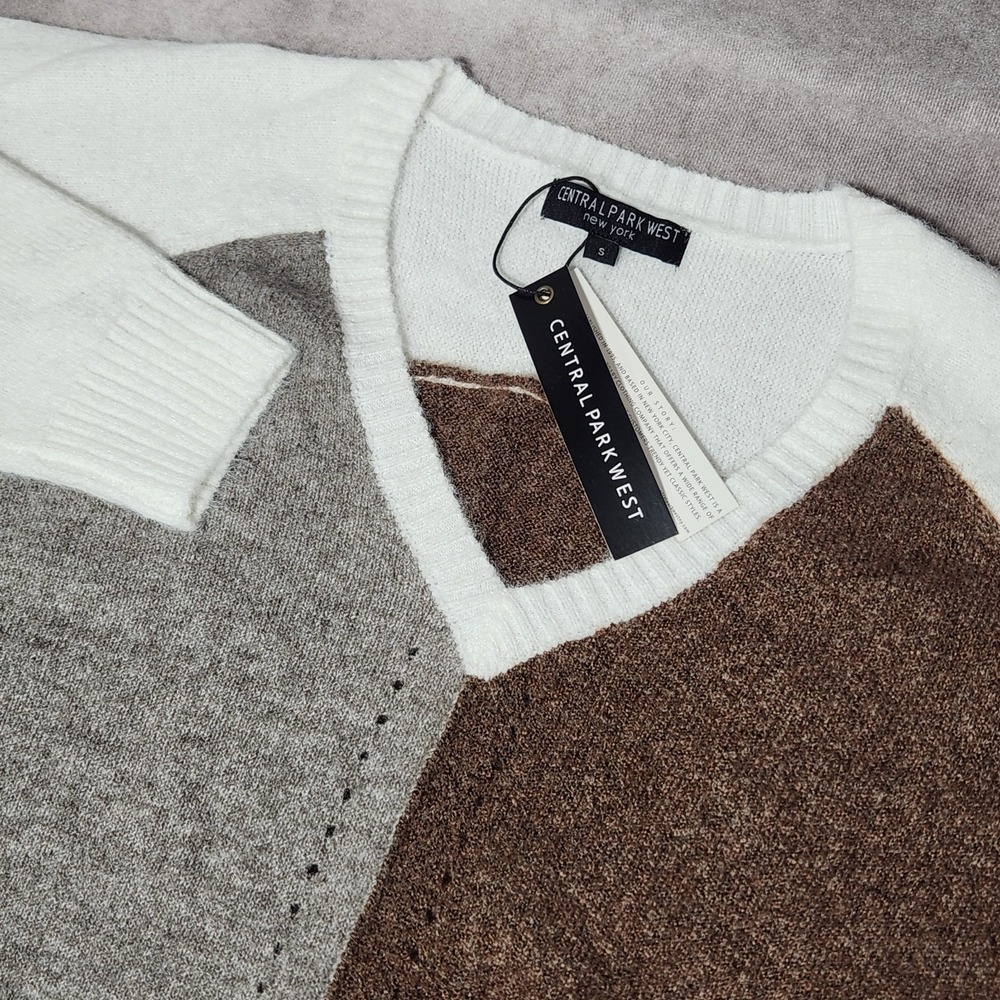 women's CENTRAL PARK WEST Mia V-neck Color Block brown/gray/cream Sz‎ S pullover